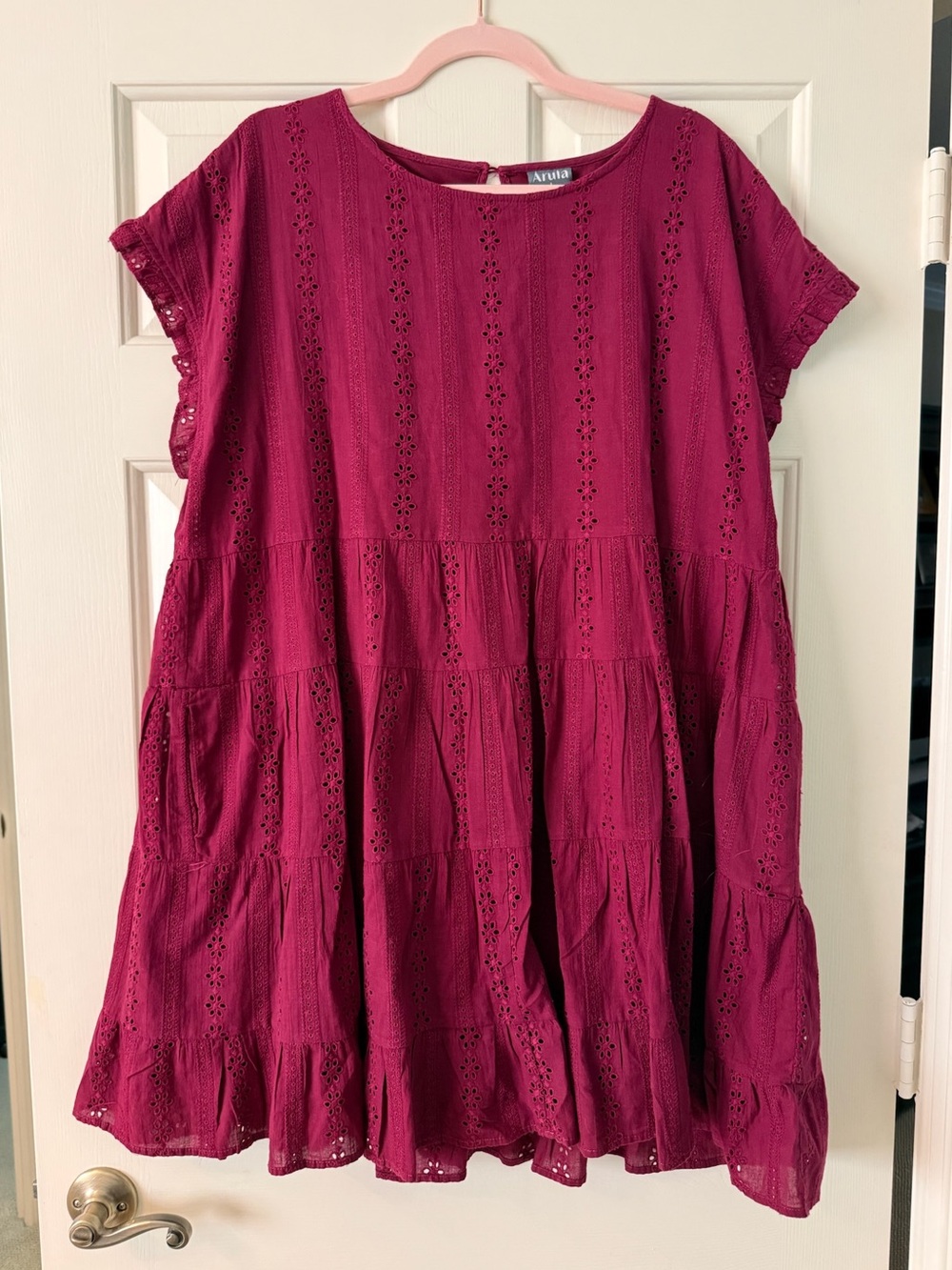 womens eyelet tiered dress in deep berry red - arula!